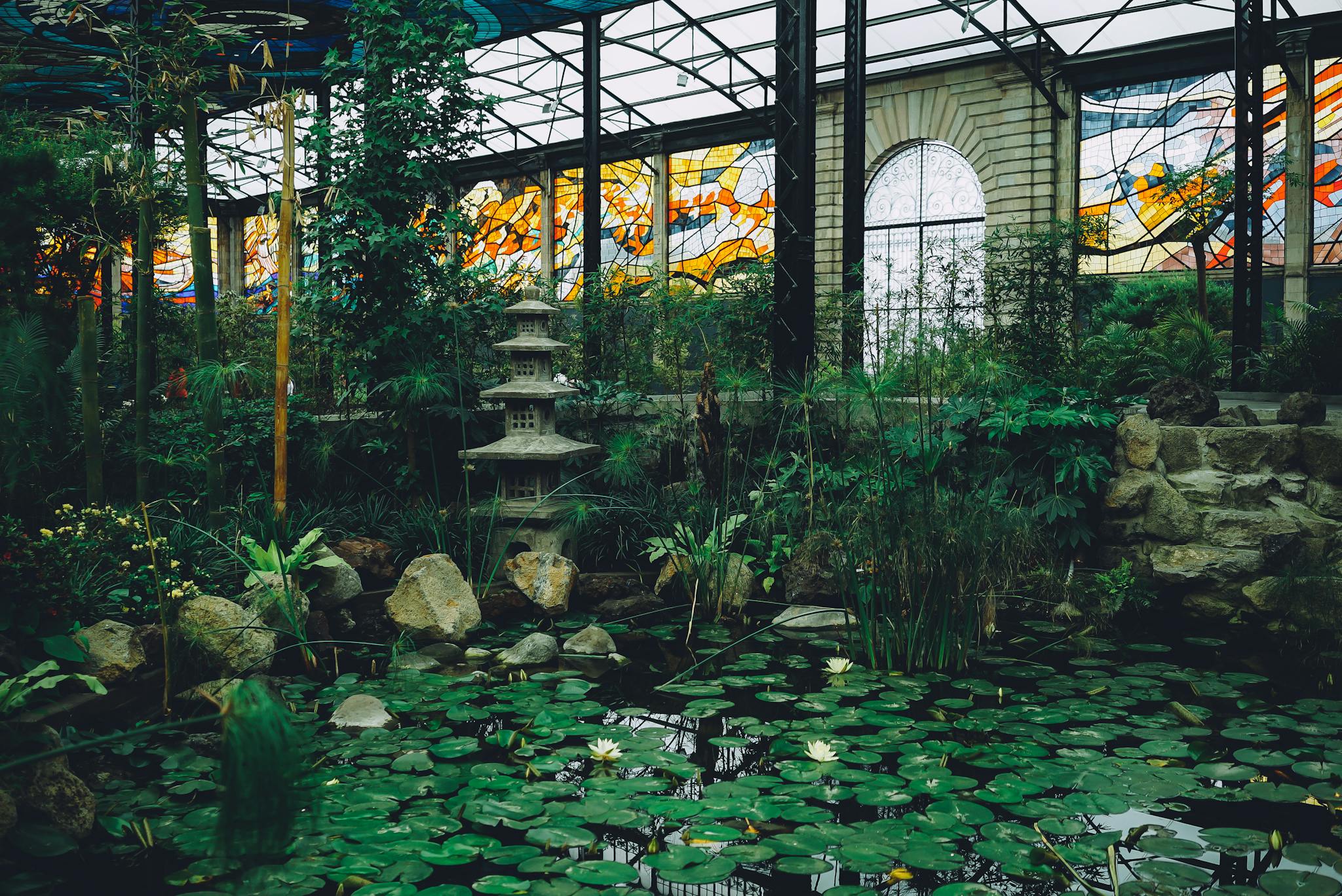 Lush greenhouse interior featuring a serene pond with water lilies and vibrant stained glass windows.